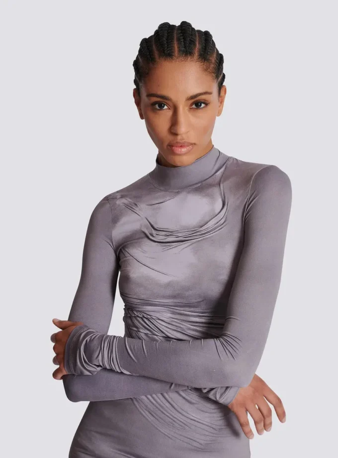 Long-sleeve high-neck draped print trompe-l’œil t-shirt Long-sleeve high-neck draped print trompe-l’œil t-shirt