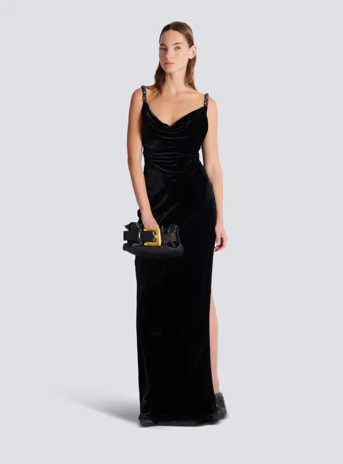 Long velvet dress with embellished straps Long velvet dress with embellished straps