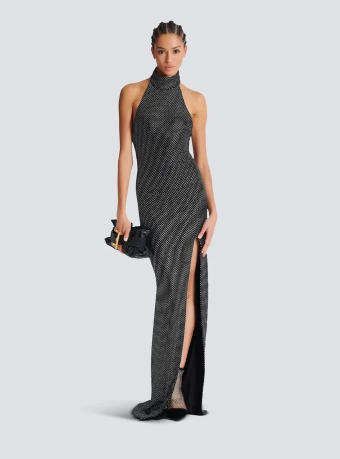Long velvet halterneck dress with rhinestones Long velvet halterneck dress with rhinestones