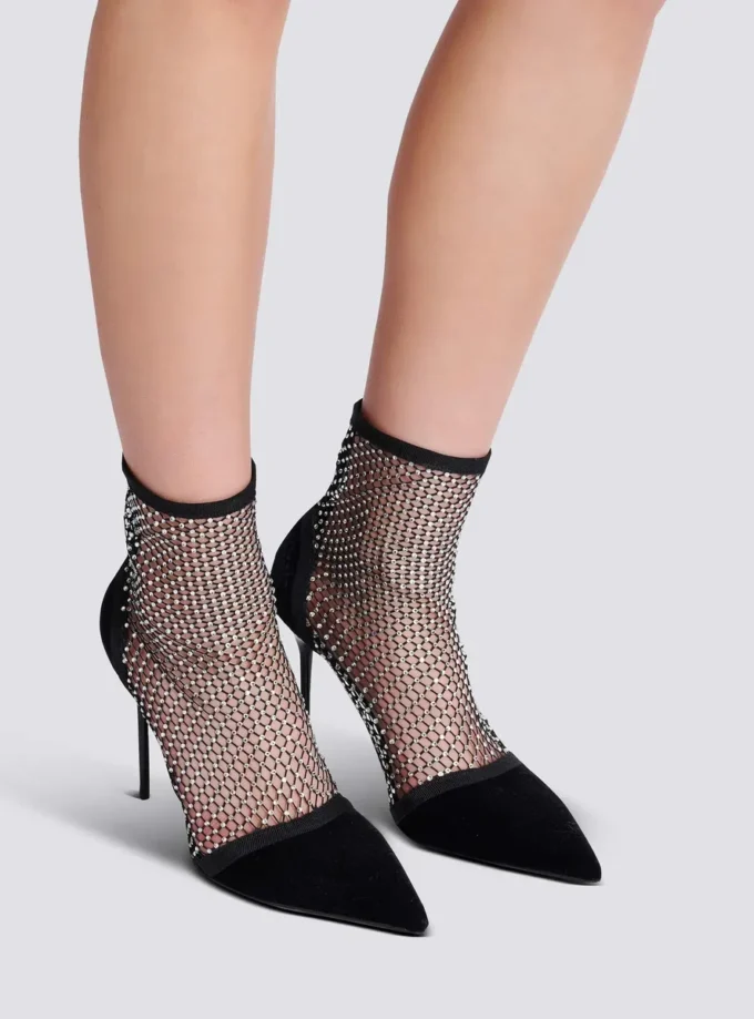 Mesh heeled ankle boots with velvet and rhinestones Mesh heeled ankle boots with velvet and rhinestones
