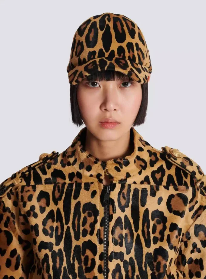 Ponyskin-style leather cap with leopard pattern