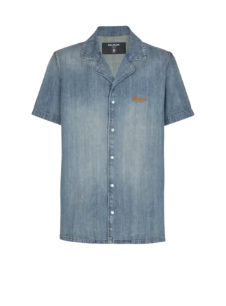 Short-sleeved pyjama shirt in faded denim