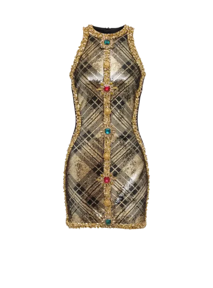 Short sleeveless dress with plaid embroidery Short sleeveless dress with plaid embroidery