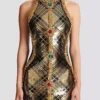 Short sleeveless dress with plaid embroidery Short sleeveless dress with plaid embroidery