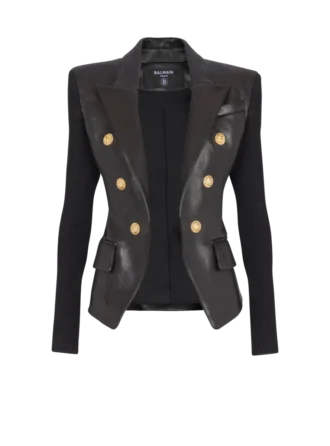 Six-buttons knit lambskin leather jacket