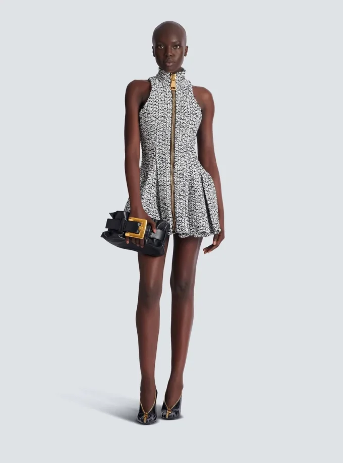 Sleeveless flared tweed dress