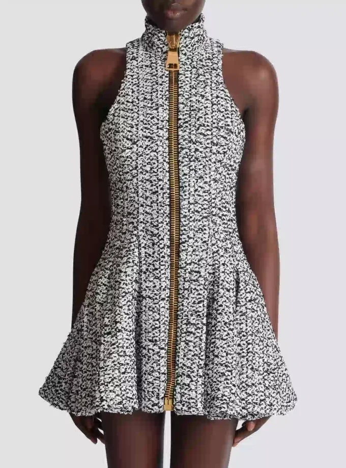 Sleeveless flared tweed dress