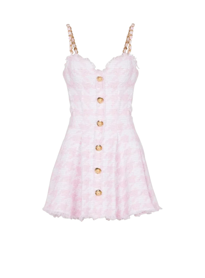 Strappy houndstooth tweed A-line dress