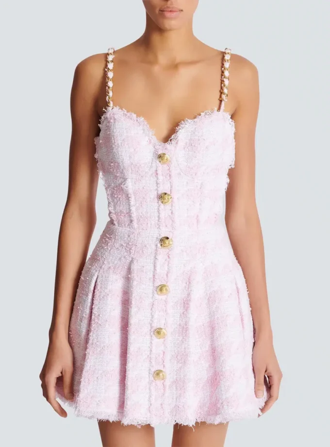 Strappy houndstooth tweed A-line dress