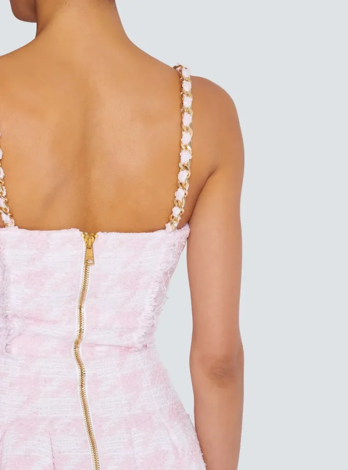 Strappy houndstooth tweed A-line dress