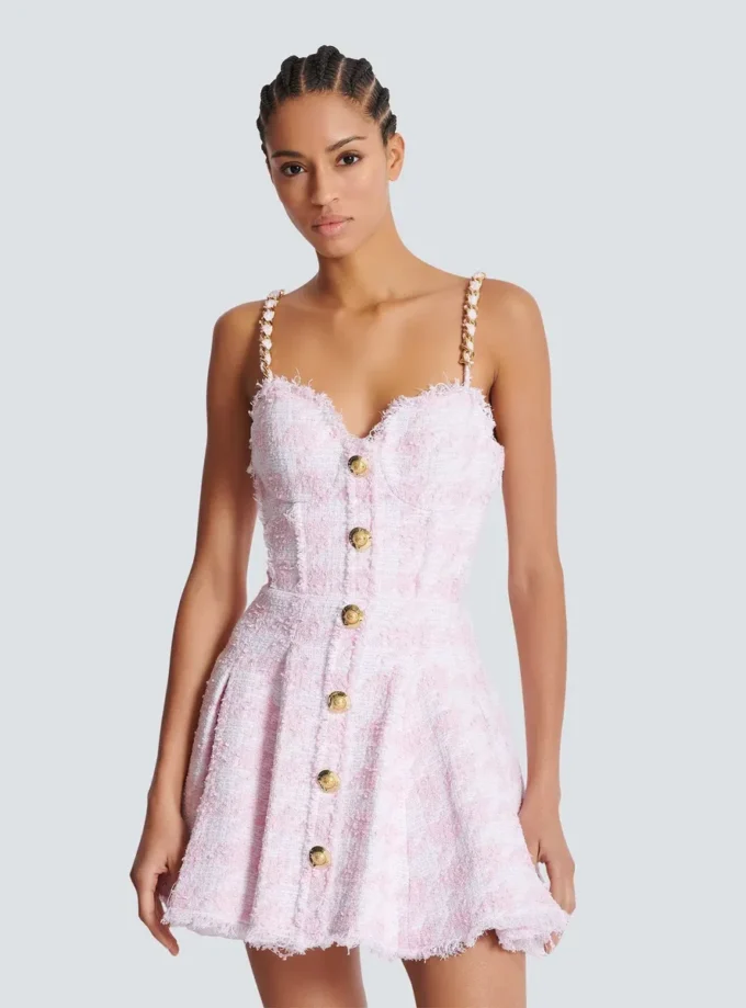 Strappy houndstooth tweed A-line dress