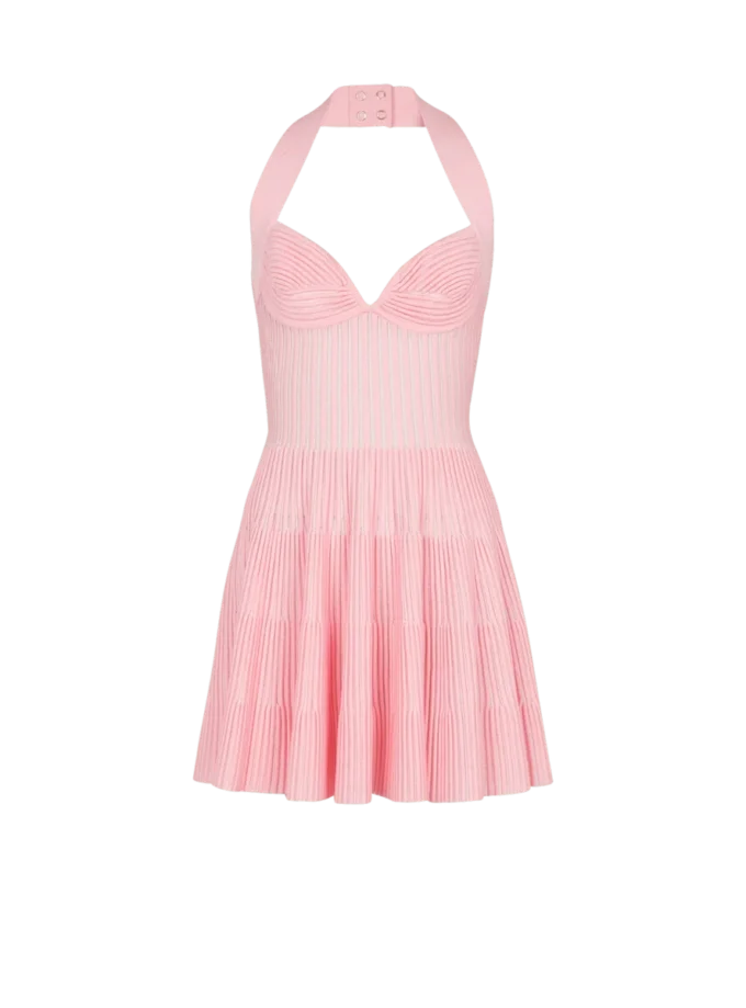 Textured knit halterneck A-line dress