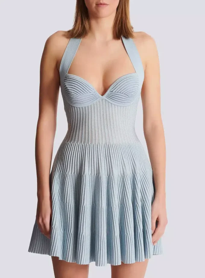 Textured knit halterneck A-line dress