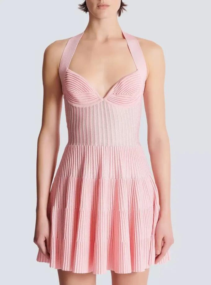 Textured knit halterneck A-line dress