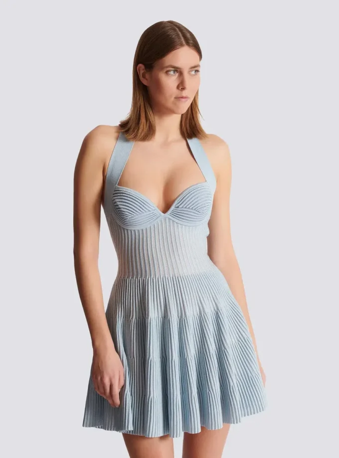 Textured knit halterneck A-line dress