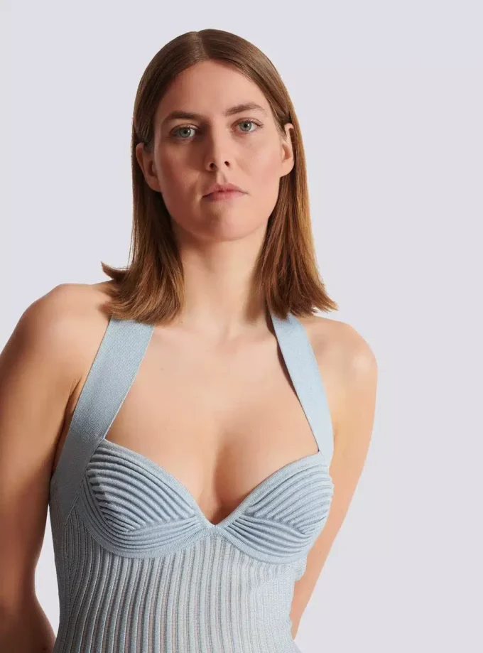 Textured knit halterneck A-line dress