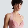 Textured knit halterneck A-line dress