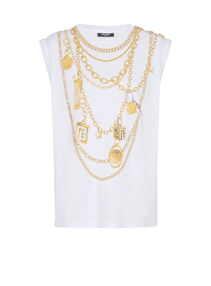 Trompe-l’œil-style Collier print vest top