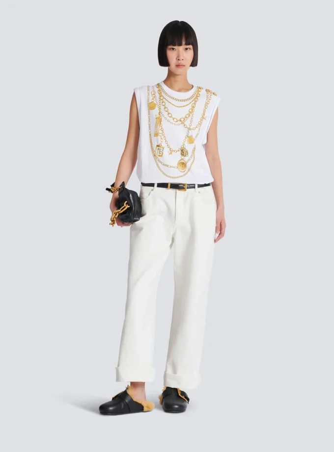 Trompe-l’œil-style Collier print vest top