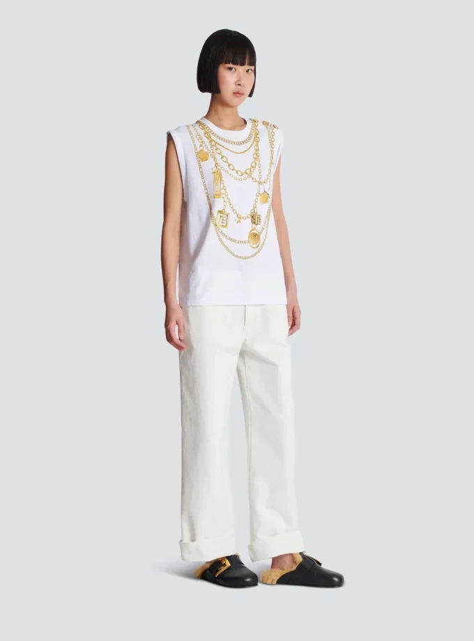 Trompe-l’œil-style Collier print vest top