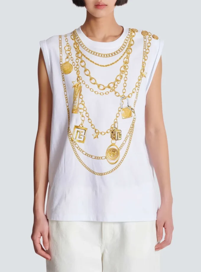 Trompe-l’œil-style Collier print vest top
