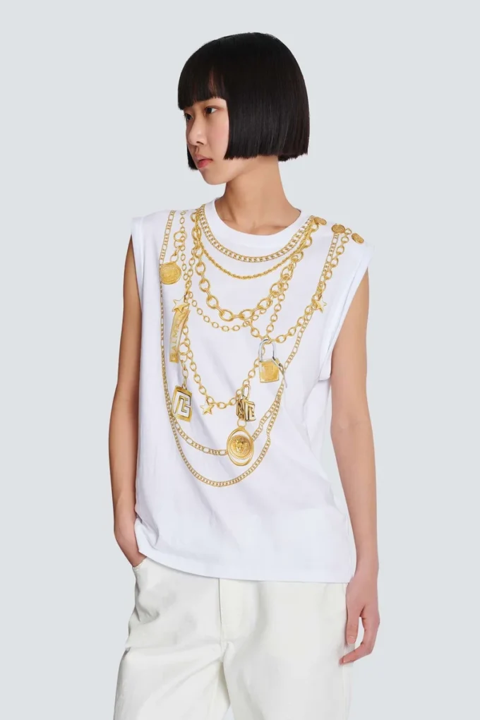 Trompe-l’œil-style Collier print vest top