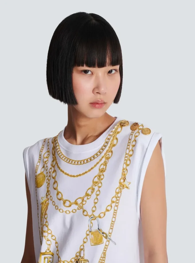 Trompe-l’œil-style Collier print vest top