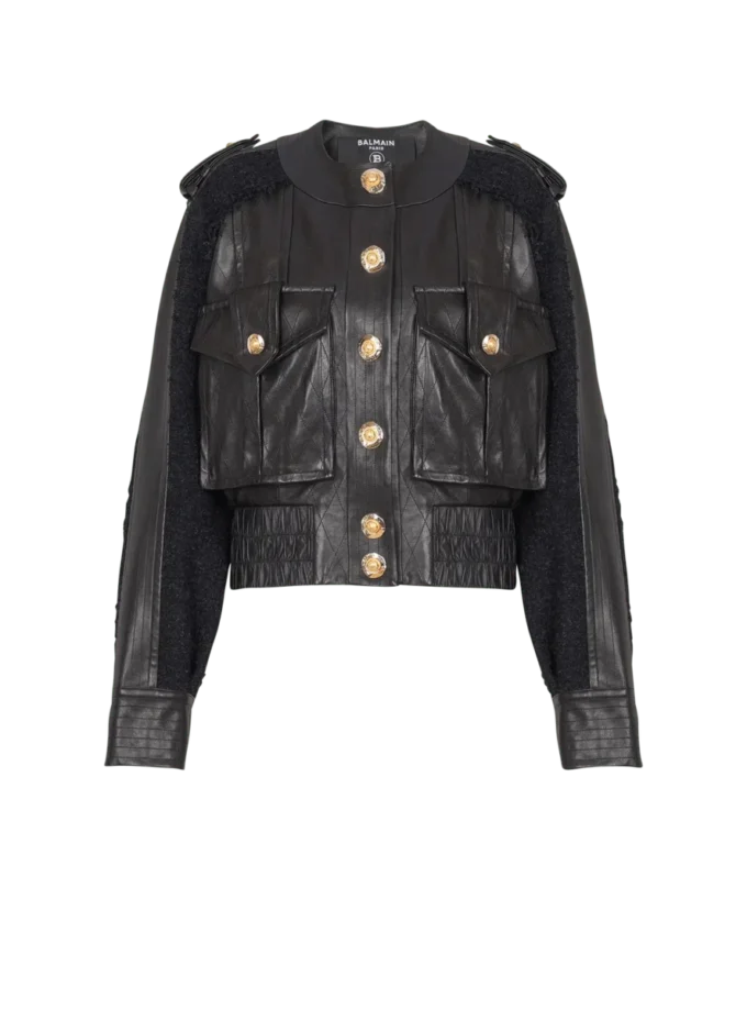 Tweed and leather bomber jacket