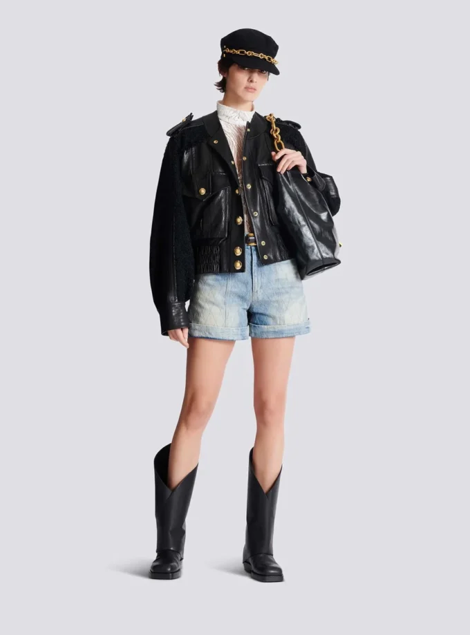 Tweed and leather bomber jacket