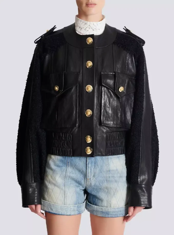 Tweed and leather bomber jacket