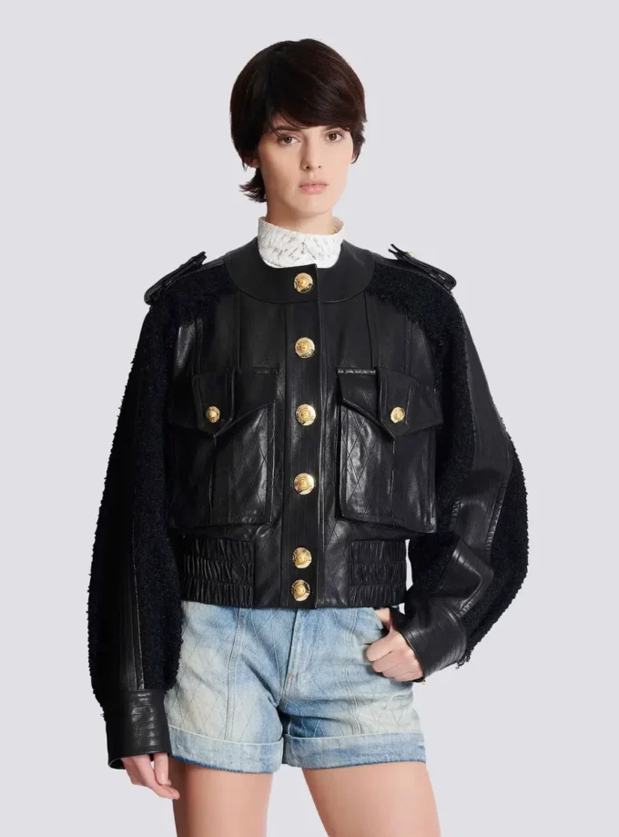 Tweed and leather bomber jacket