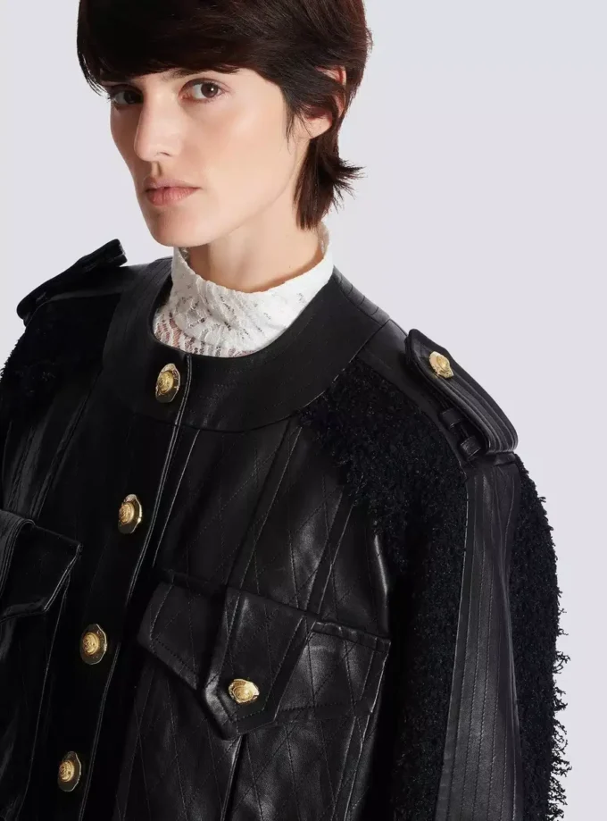 Tweed and leather bomber jacket