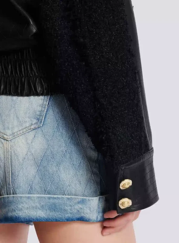 Tweed and leather bomber jacket
