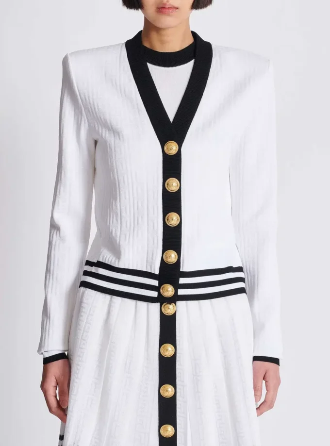Two-tone monogrammed knit cardigan