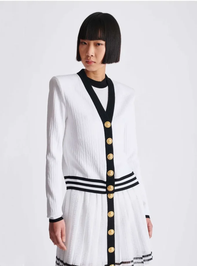 Two-tone monogrammed knit cardigan