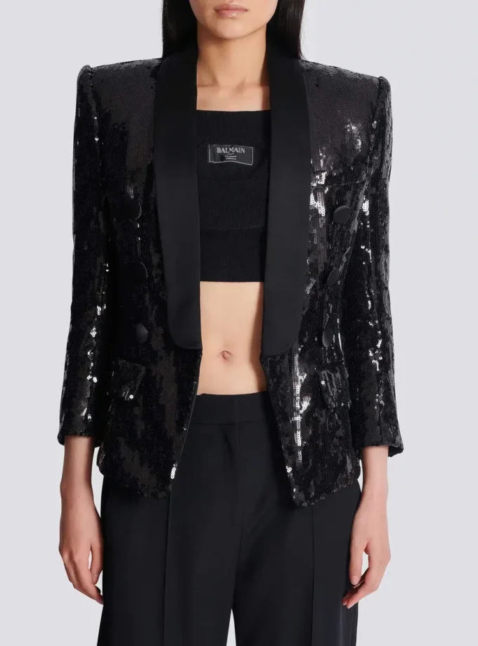V-neck glitter satin tailored jacket V-neck glitter satin tailored jacket