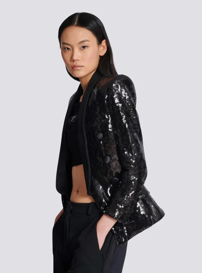 V-neck glitter satin tailored jacket V-neck glitter satin tailored jacket