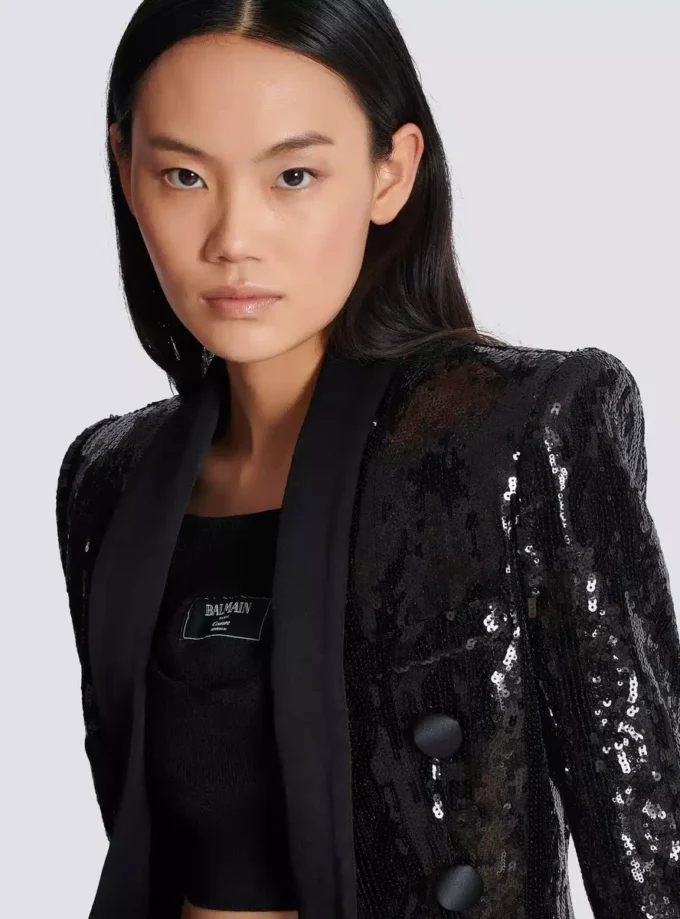 V-neck glitter satin tailored jacket V-neck glitter satin tailored jacket