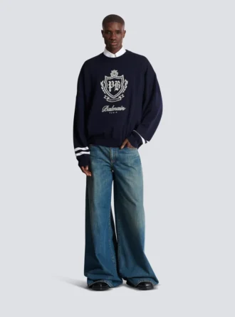 Wide-leg faded denim jeans