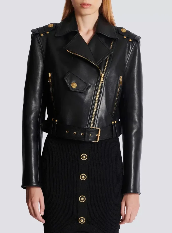 Zipped leather biker jacket
