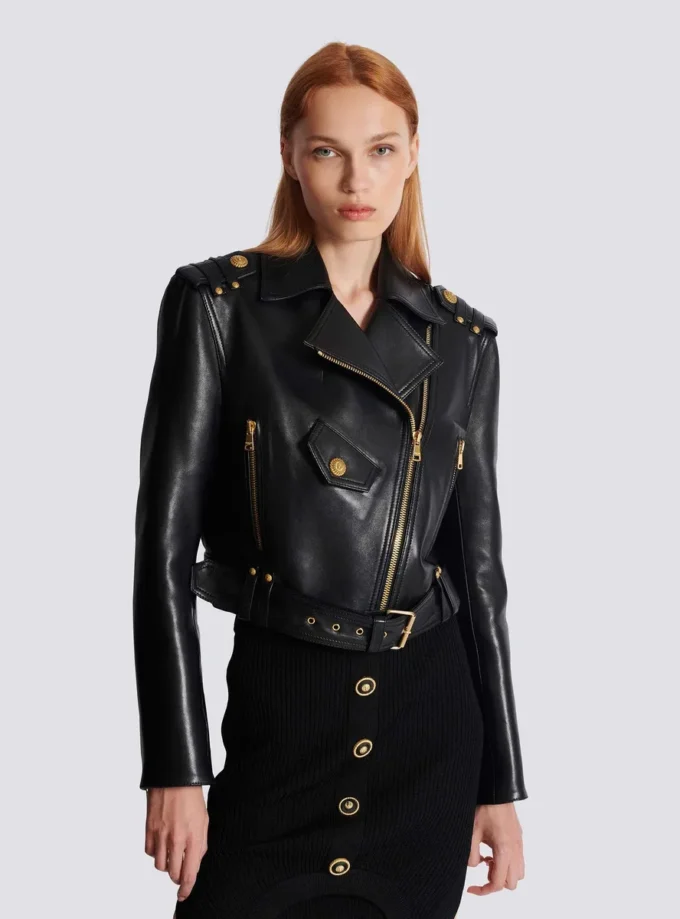 Zipped leather biker jacket